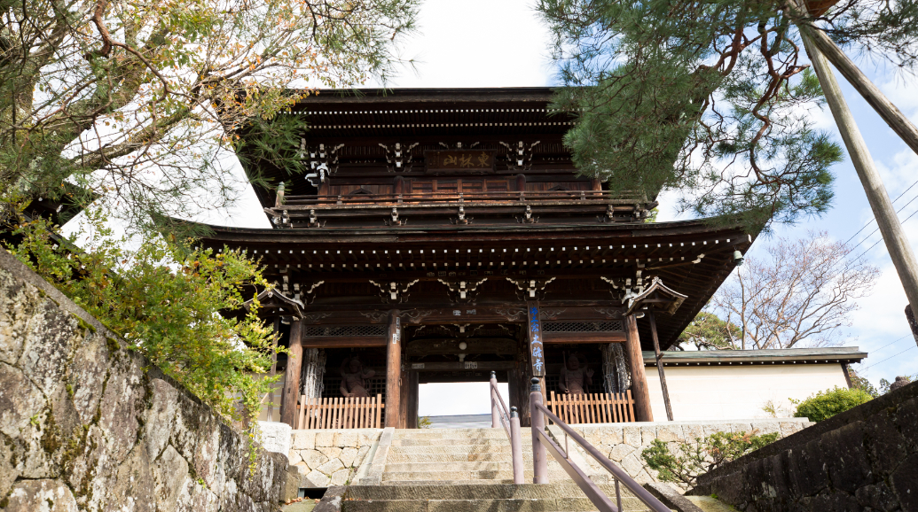 大雄寺山門（市指定文化財・日本遺産）。「飛騨匠の祖」として崇敬を集める飛騨権守（ひだごんのかみ）・藤原宗安（ふじわらむねやす）の直系とされ、優れた彫刻を特徴とした水間相模（みずまさがみ）の建築。